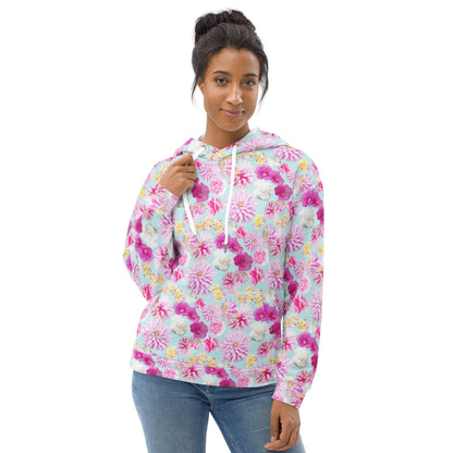 Garden Floral Aqua Blue and Pink hoodie in pink and blue by The Happy Fun Shop, photo 2 of 10