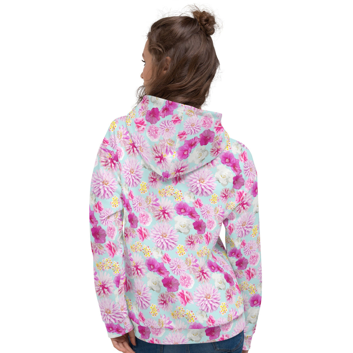 Garden Floral Aqua Blue and Pink hoodie in pink and blue by The Happy Fun Shop, photo 3 of 10
