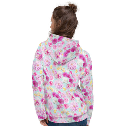 Garden Floral Aqua Blue and Pink hoodie in pink and blue by The Happy Fun Shop, photo 3 of 10