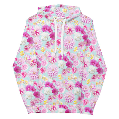 Garden Floral Aqua Blue and Pink hoodie in pink and blue by The Happy Fun Shop, photo 4 of 10