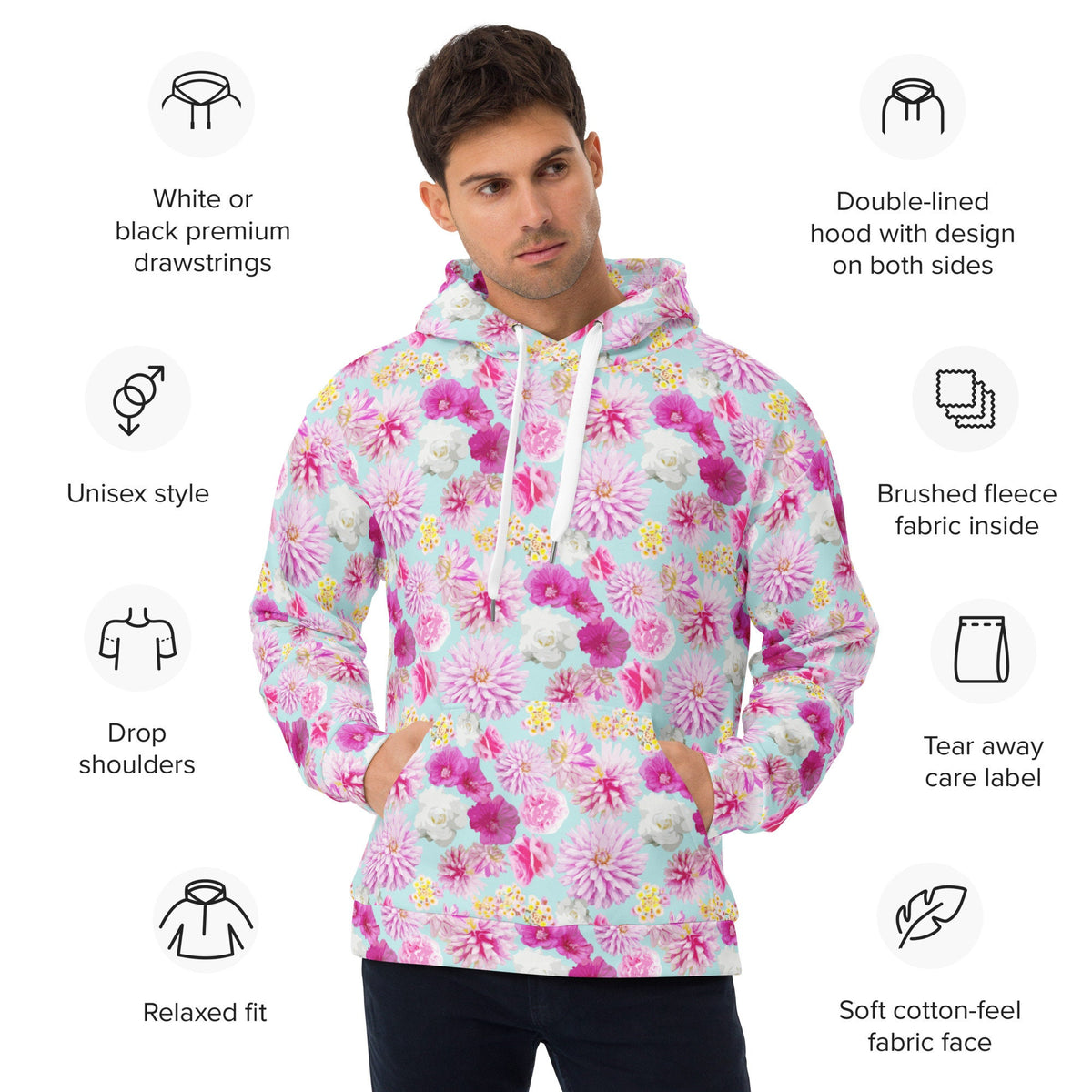 Garden Floral Aqua Blue and Pink hoodie in pink and blue by The Happy Fun Shop, photo 5 of 10