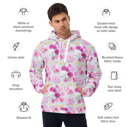 Garden Floral Aqua Blue and Pink hoodie in pink and blue by The Happy Fun Shop, photo 5 of 10