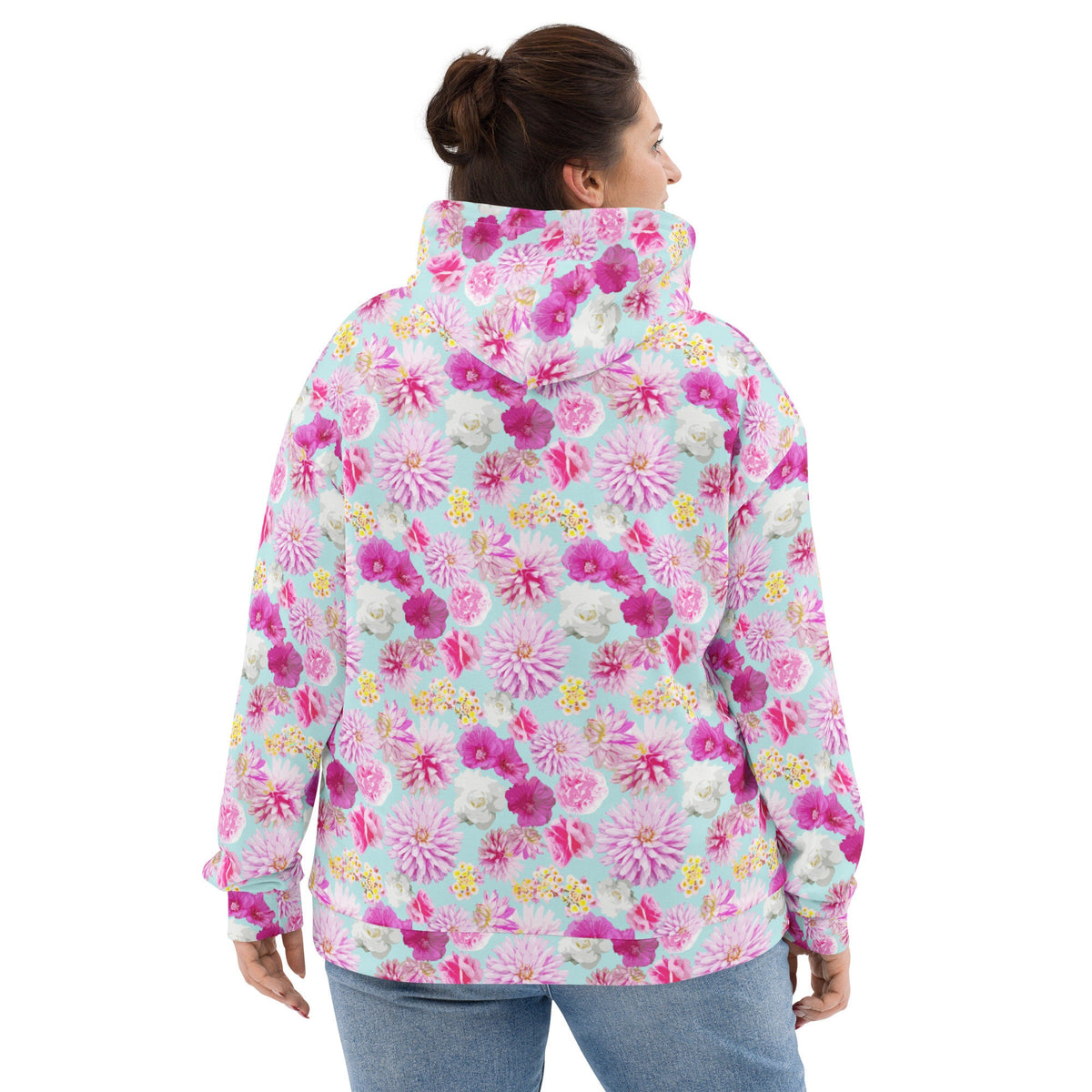 Garden Floral Aqua Blue and Pink hoodie in pink and blue by The Happy Fun Shop, photo 7 of 10