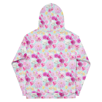 Garden Floral Aqua Blue and Pink hoodie in pink and blue by The Happy Fun Shop, photo 9 of 10