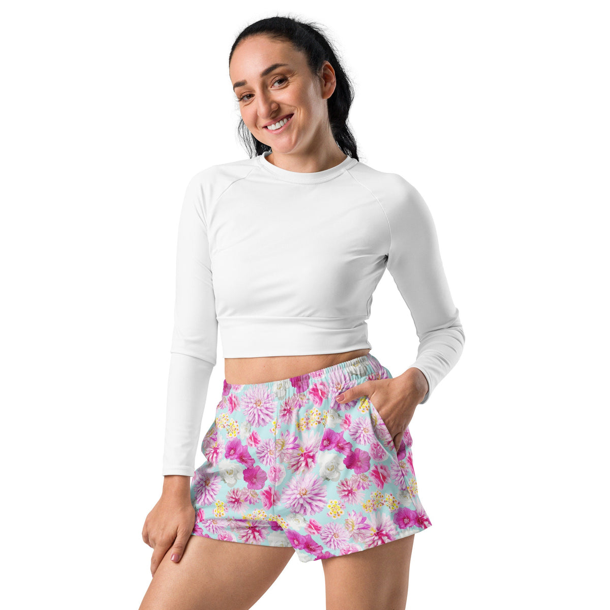 Garden Floral Aqua Blue and Pink Women’s Recycled Athletic Shorts