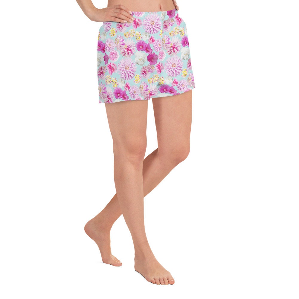 Garden Floral Aqua Blue and Pink Women’s Recycled Athletic Shorts
