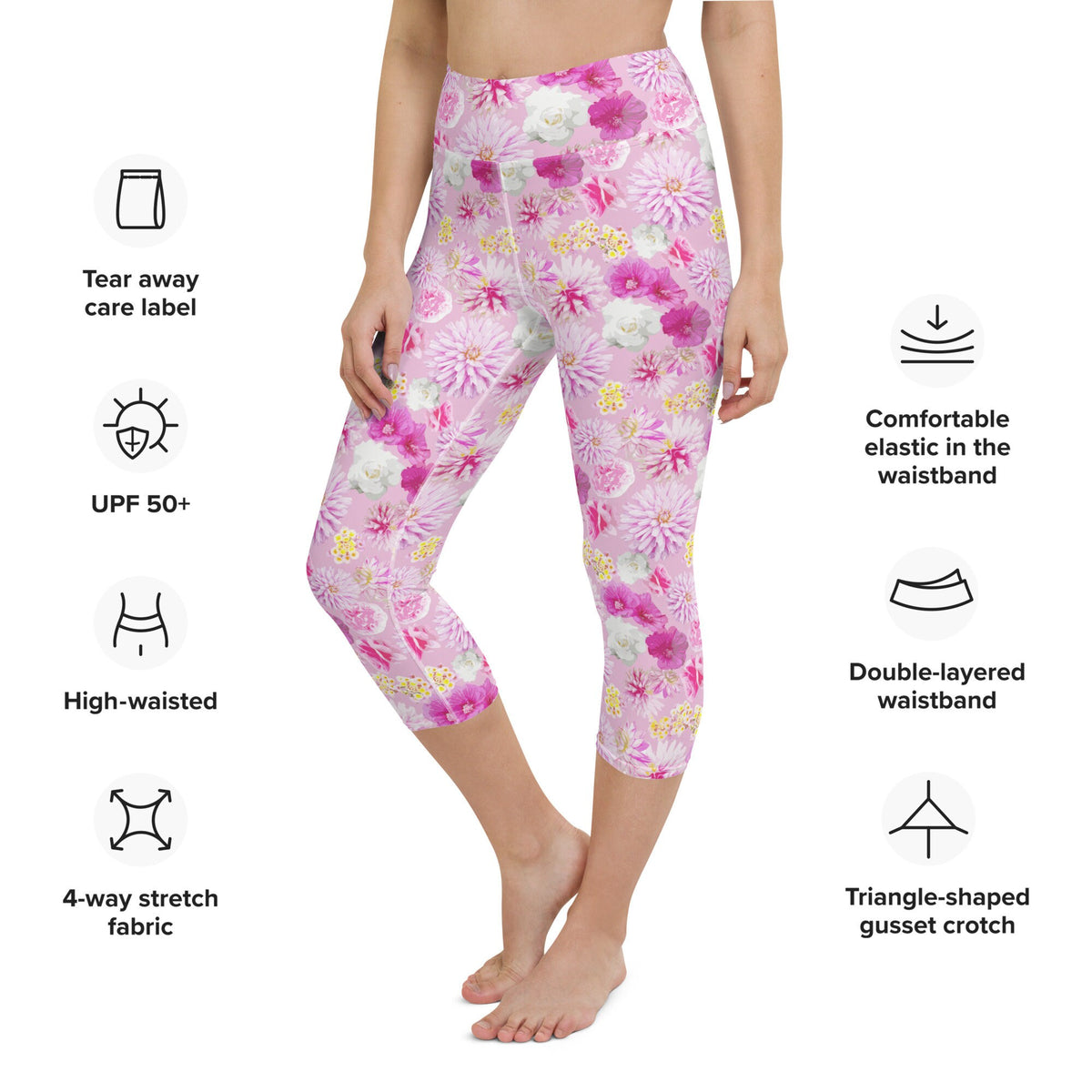 Garden Floral Pink Yoga Capri Leggings | Coastal Preppy Activewear | Happy Colorful Floral Yoga Pant