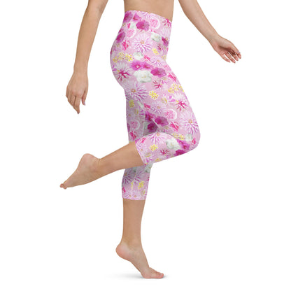 Garden Floral Pink Yoga Capri Leggings | Coastal Preppy Activewear | Happy Colorful Floral Yoga Pant