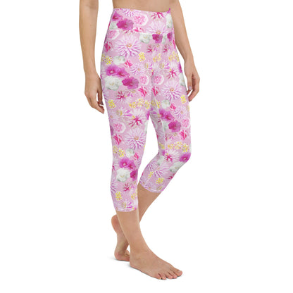 Garden Floral Pink Yoga Capri Leggings | Coastal Preppy Activewear | Happy Colorful Floral Yoga Pant