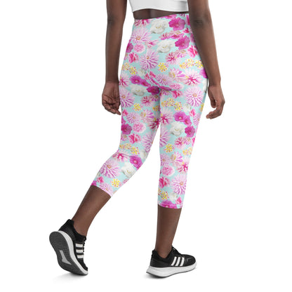 Garden Floral Yoga Capri Leggings Aqua