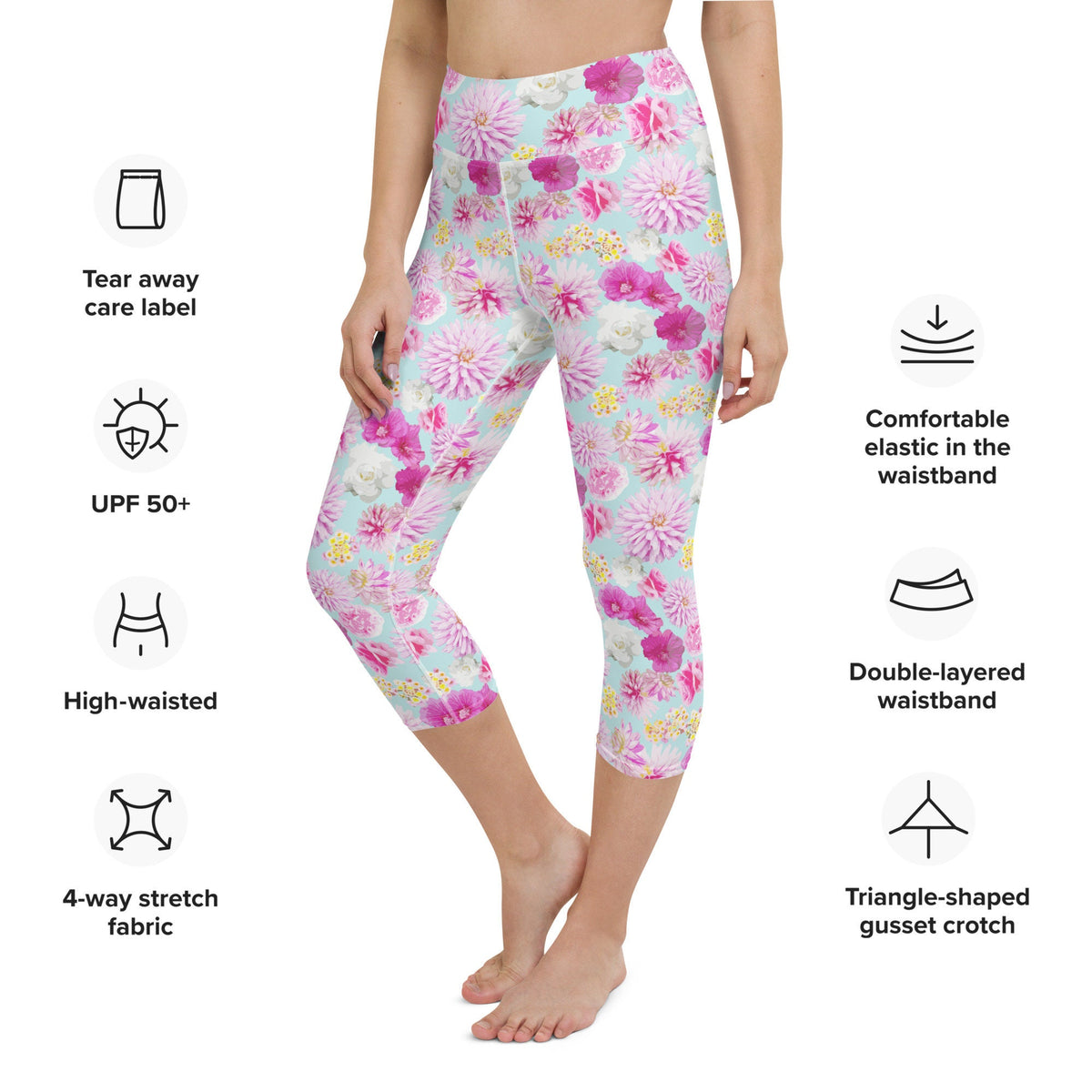 Garden Floral Yoga Capri Leggings Aqua