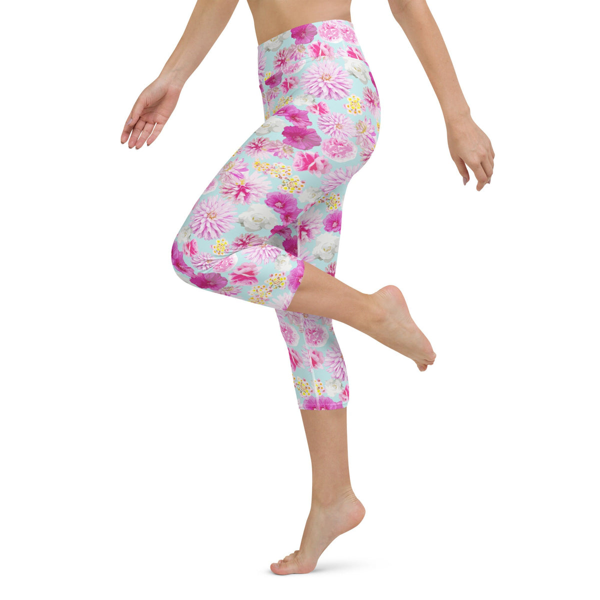 Garden Floral Yoga Capri Leggings Aqua