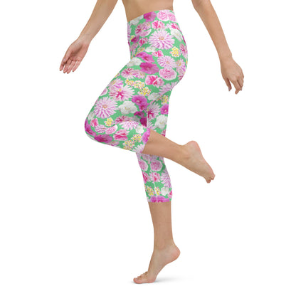 Garden Floral Yoga Capri Leggings Spring Green