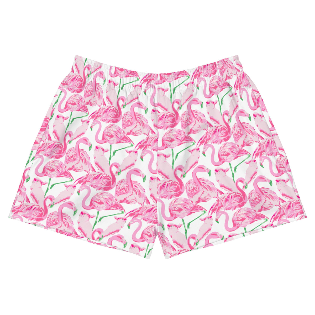 Palm Springs Flamingo Pink Women’s Athletic UPF50+ protection athletic shorts in pink and white by The Happy Fun Shop, photo