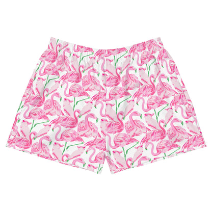 Palm Springs Flamingo Pink Women’s Athletic UPF50+ protection athletic shorts in pink and white by The Happy Fun Shop, photo