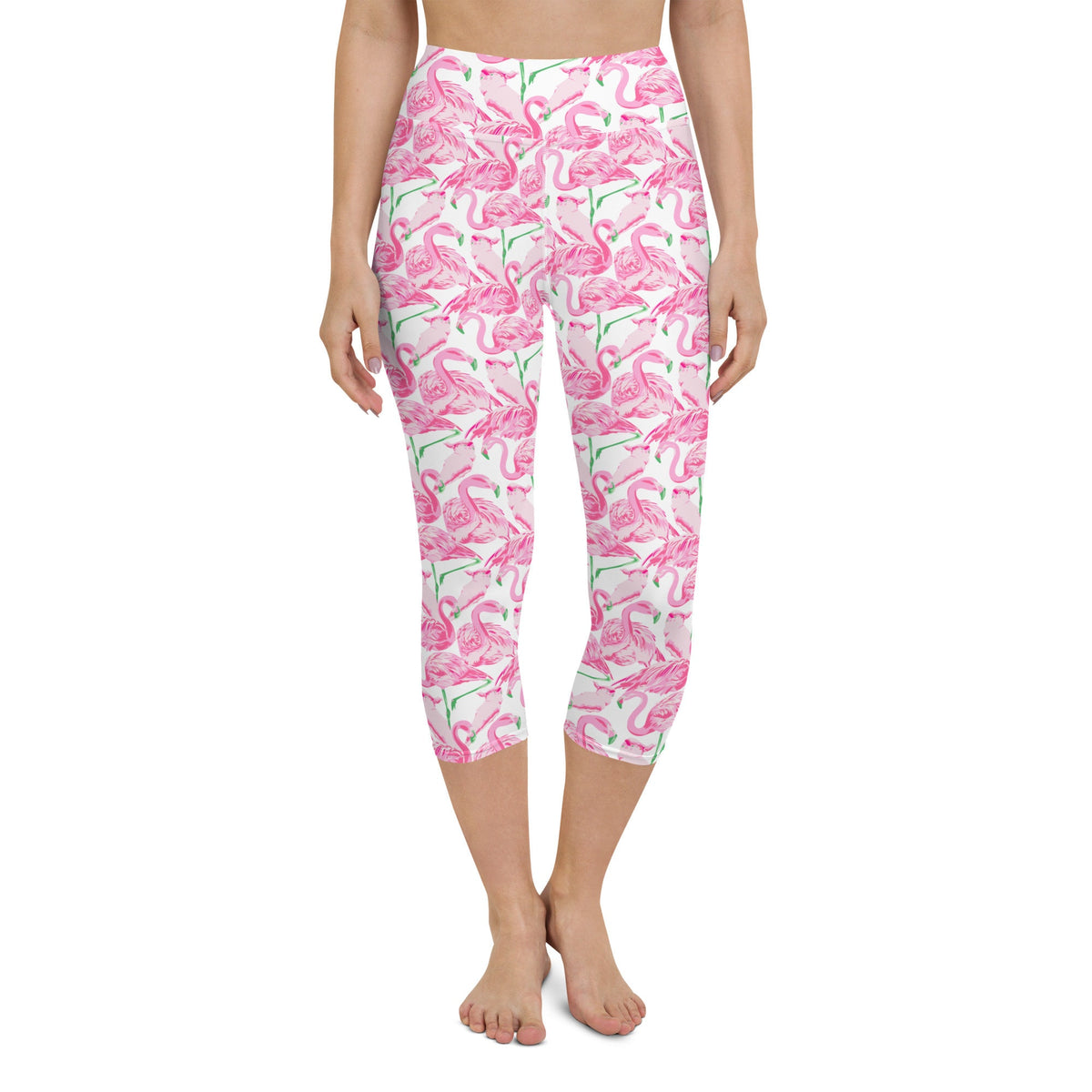 Palm Springs Flamingo Coastal Pink yoga capri leggings in pink and green by The Happy Fun Shop, photo 1 of 10