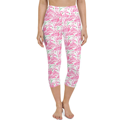 Palm Springs Flamingo Coastal Pink yoga capri leggings in pink and green by The Happy Fun Shop, photo 1 of 10