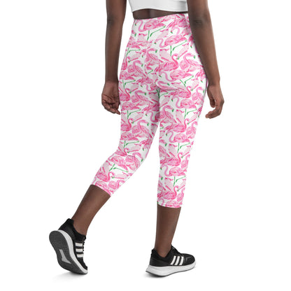 Palm Springs Flamingo Coastal Pink yoga capri leggings in pink and green by The Happy Fun Shop, photo 7 of 10