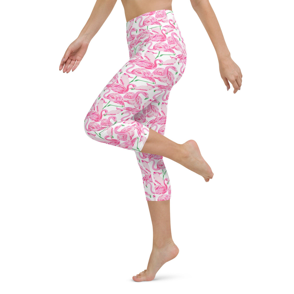 Palm Springs Flamingo Coastal Pink yoga capri leggings in pink and green by The Happy Fun Shop, photo 2 of 10