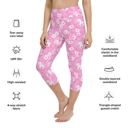 Painted Pansy Pink Floral Coastal Yoga Capri Leggings 50+ UPF