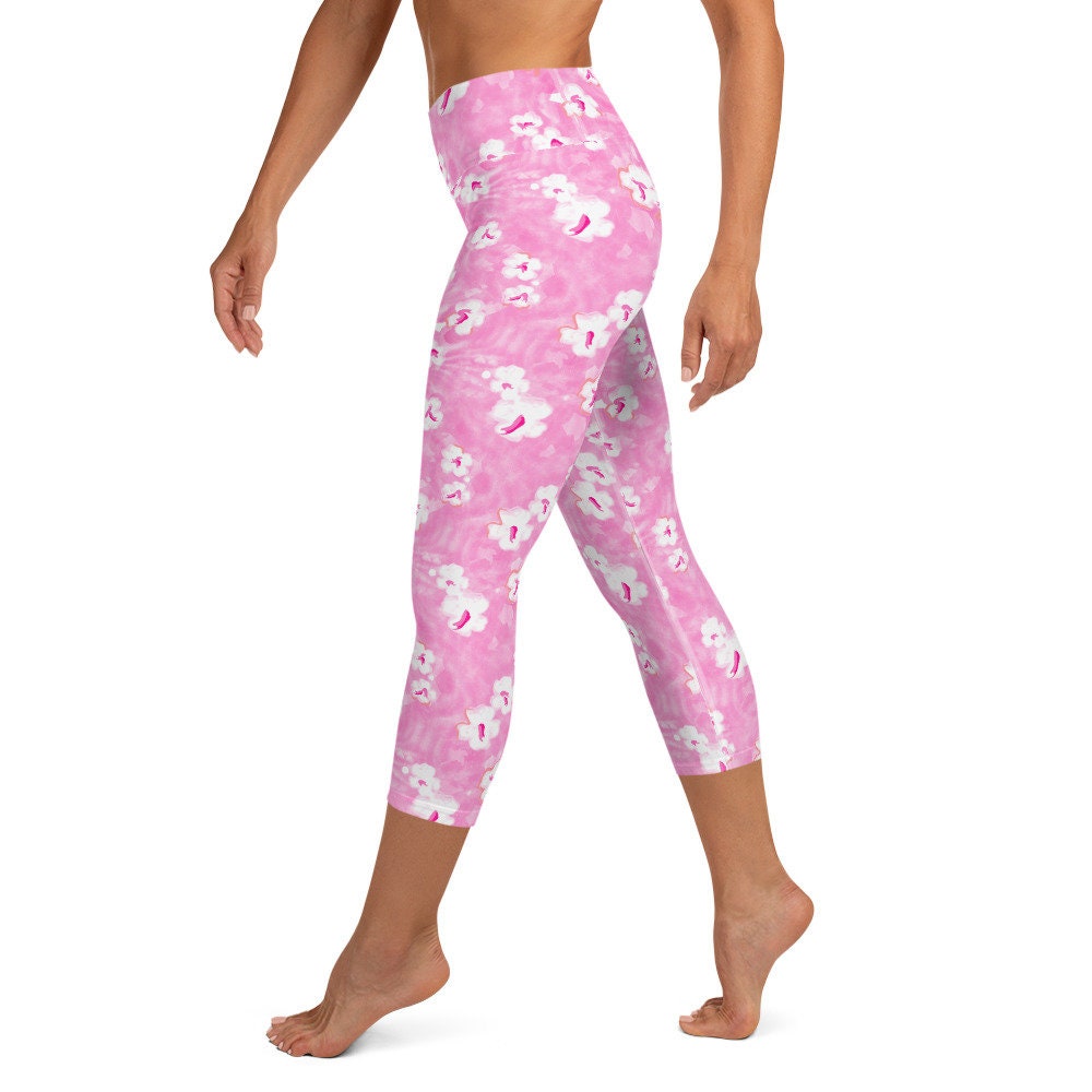 Painted Pansy Pink Floral Coastal Yoga Capri Leggings 50+ UPF