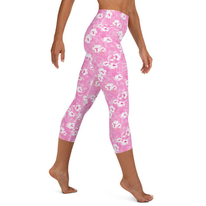 Painted Pansy Pink Floral Coastal Yoga Capri Leggings 50+ UPF