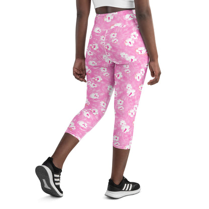 Painted Pansy Pink Floral Coastal Yoga Capri Leggings 50+ UPF