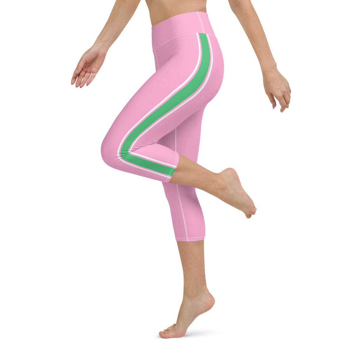 Palm Beach Athletic Stripe Pink Green yoga capri leggings in pink and green by The Happy Fun Shop, photo 4 of 10