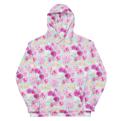 Garden Floral Aqua Blue and Pink hoodie in pink and blue by The Happy Fun Shop, photo 1 of 10