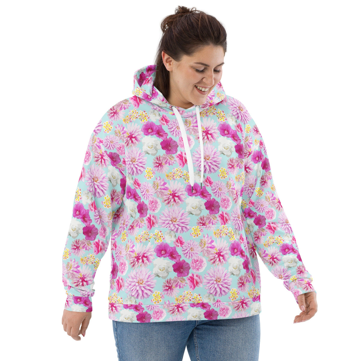 Garden Floral Aqua Blue and Pink hoodie in pink and blue by The Happy Fun Shop, photo 6 of 10