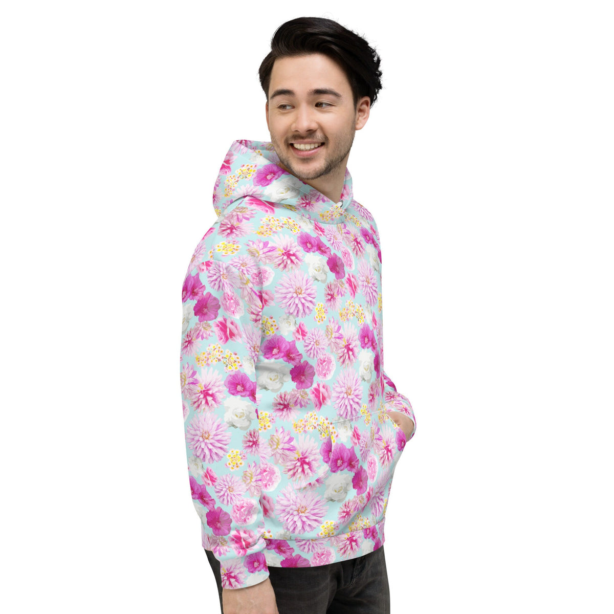 Garden Floral Aqua Blue and Pink hoodie in pink and blue by The Happy Fun Shop, photo 8 of 10