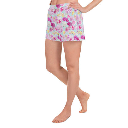 Garden Floral Aqua Blue and Pink Women’s Recycled Athletic Shorts
