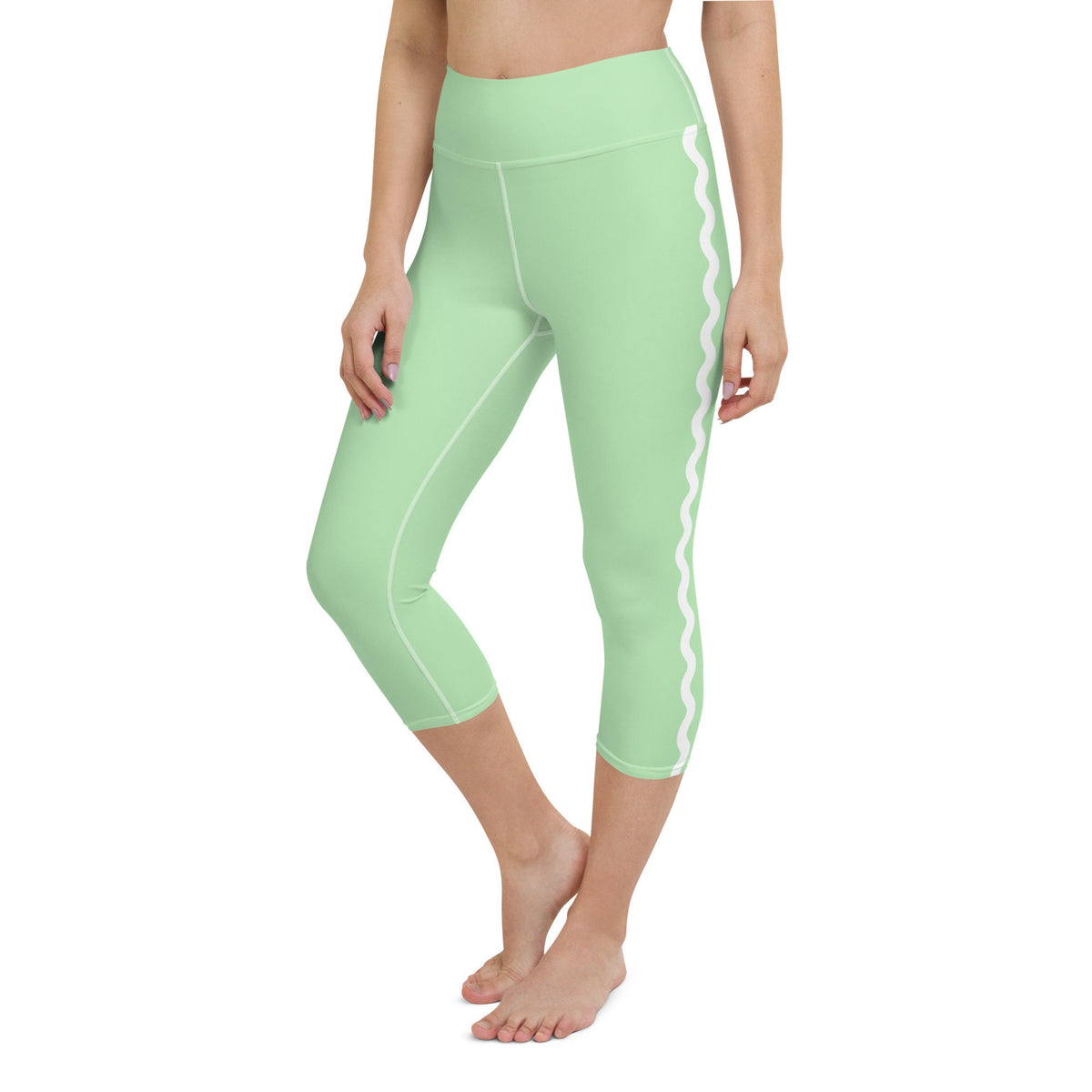 Palm Springs Light Green Ric Rac Scalloped Stripe yoga capri leggings in green by The Happy Fun Shop, photo 3 of 10