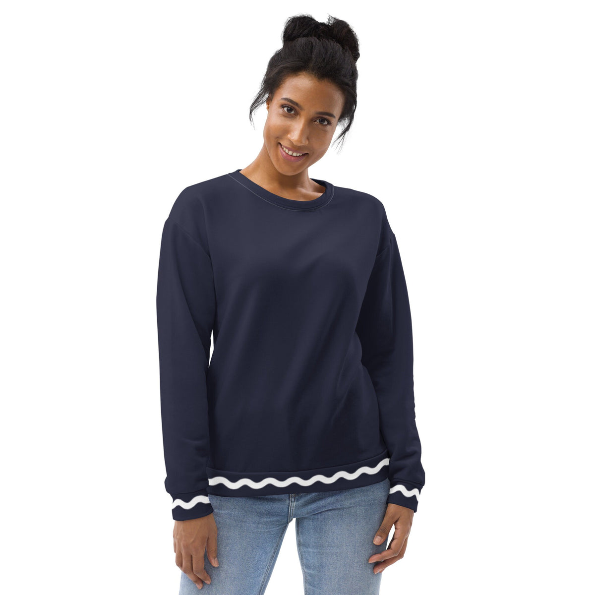 Palm Springs Navy Blue Ric Rac Stripe sweatshirt in navy by The Happy Fun Shop, photo 3 of 7