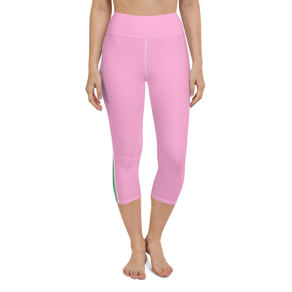 Palm Beach Athletic Stripe Pink Green yoga capri leggings in pink and green by The Happy Fun Shop, photo 3 of 10