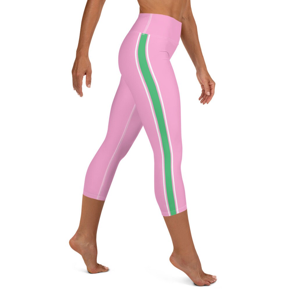 Palm Beach Athletic Stripe Pink Green yoga capri leggings in pink and green by The Happy Fun Shop, photo 2 of 10