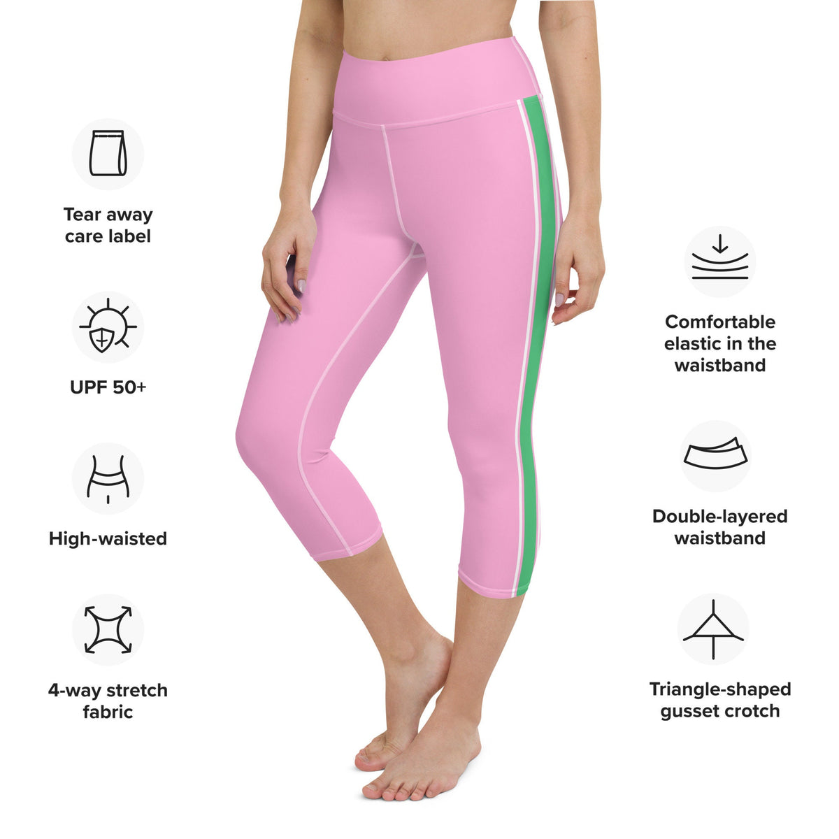 Palm Beach Athletic Stripe Pink Green yoga capri leggings in pink and green by The Happy Fun Shop, photo 7 of 10
