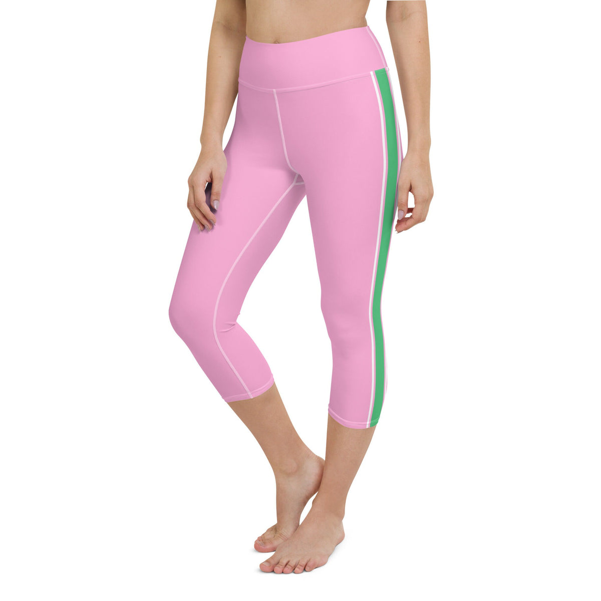 Palm Beach Athletic Stripe Pink Green yoga capri leggings in pink and green by The Happy Fun Shop, photo 1 of 10