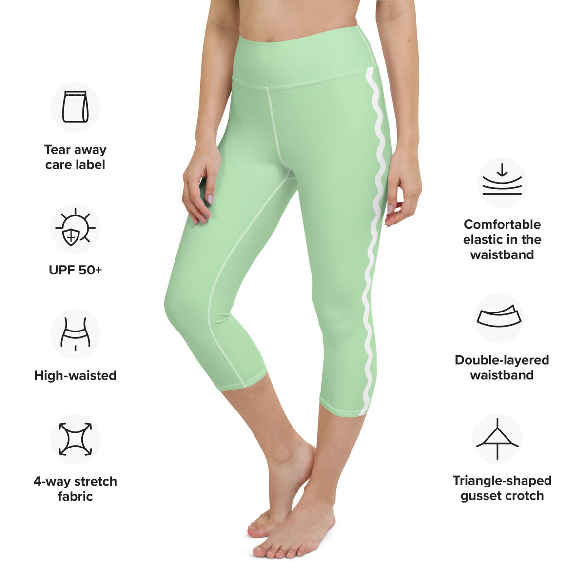 Palm Springs Light Green Ric Rac Scalloped Stripe yoga capri leggings in green by The Happy Fun Shop, photo 8 of 10