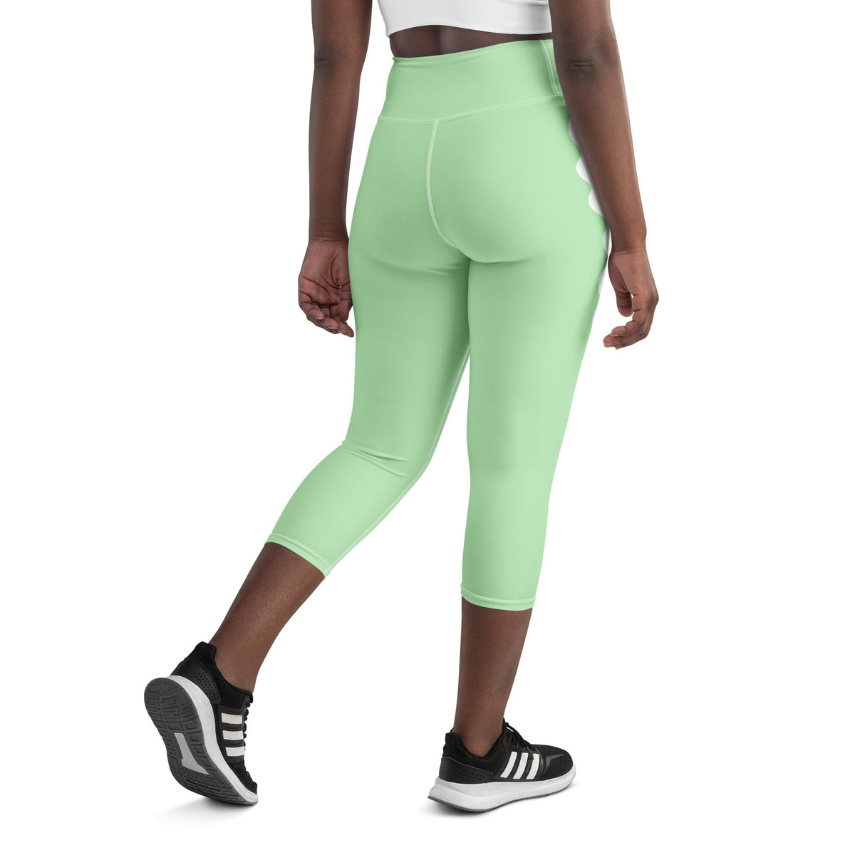 Palm Springs Light Green Ric Rac Scalloped Stripe yoga capri leggings in green by The Happy Fun Shop, photo 7 of 10
