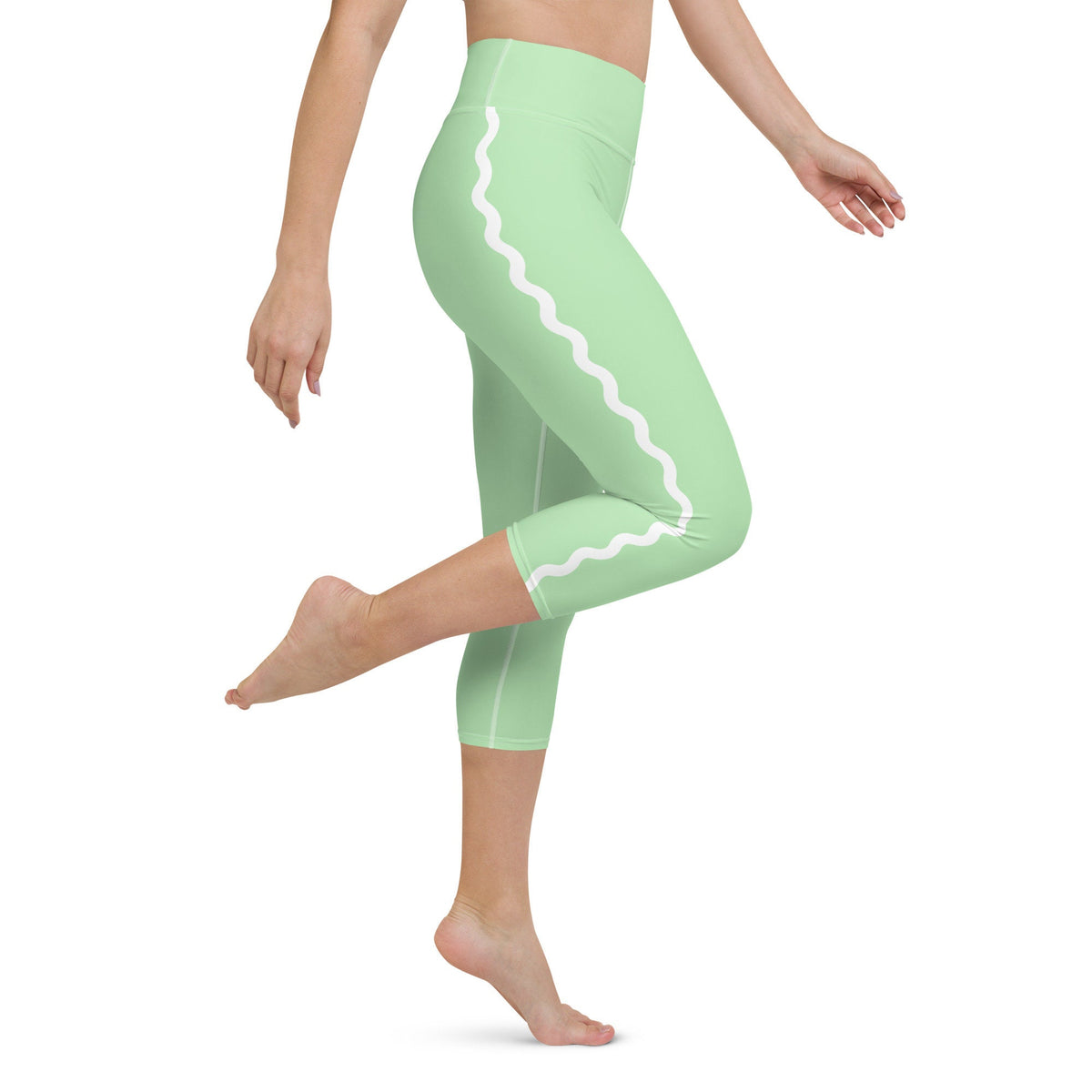 Palm Springs Light Green Ric Rac Scalloped Stripe yoga capri leggings in green by The Happy Fun Shop, photo 4 of 10
