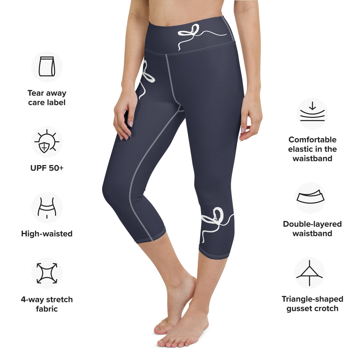 Nantucket Bows Navy Blue yoga capri leggings in navy by The Happy Fun Shop, photo 2 of 10