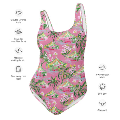 Palm Beach Tiki Hut Coastal Preppy One-Piece Swimsuit
