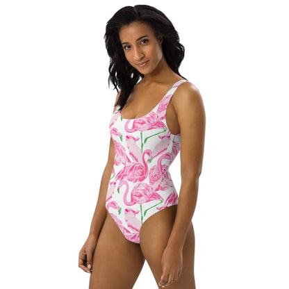 Palm Springs Flamingo Coastal Pink one-piece swimsuit in pink and white by The Happy Fun Shop, photo 5 of 10