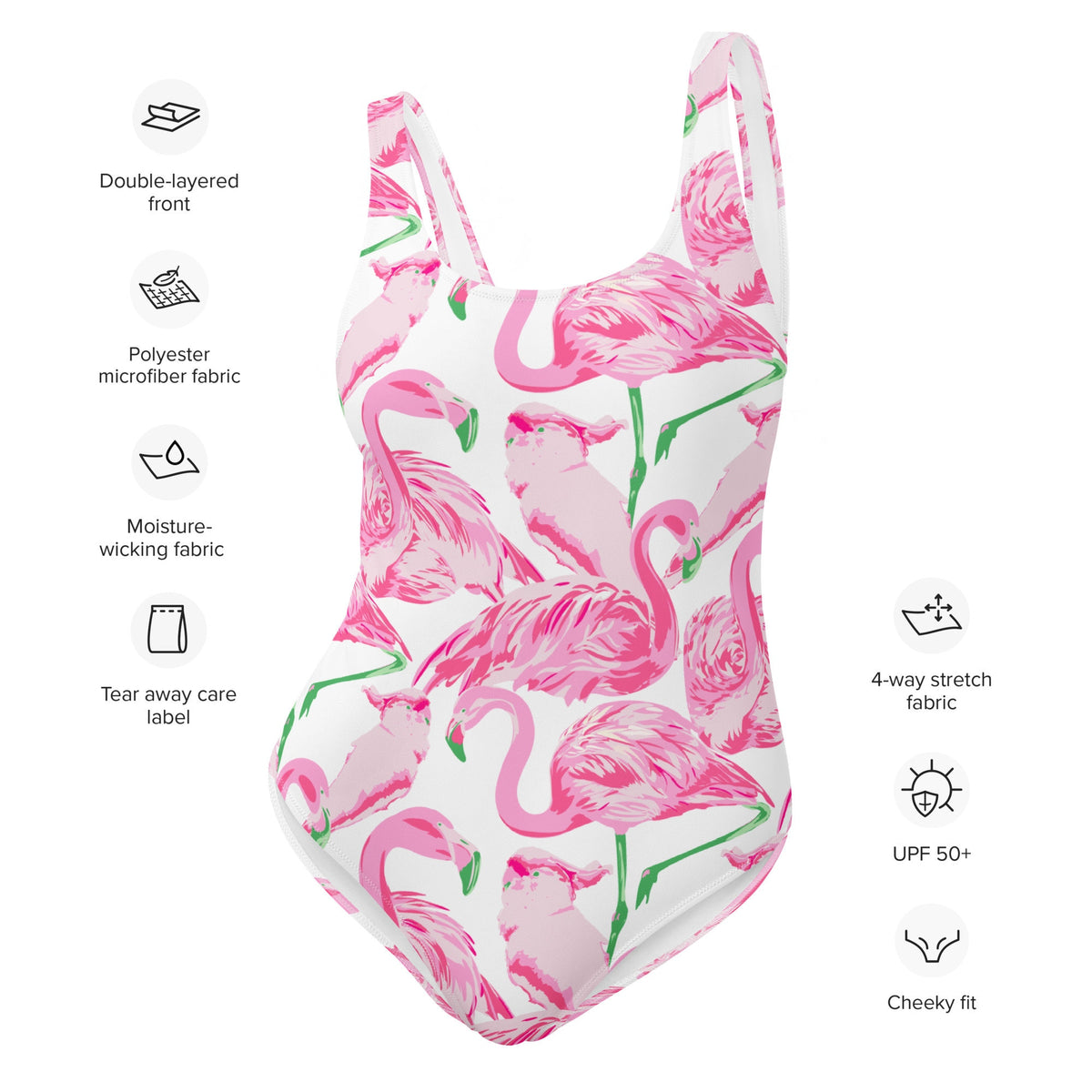 Palm Springs Flamingo Coastal Pink one-piece swimsuit in pink and white by The Happy Fun Shop, photo 8 of 10