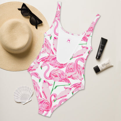 Palm Springs Flamingo Coastal Pink one-piece swimsuit in pink and white by The Happy Fun Shop, photo 3 of 10