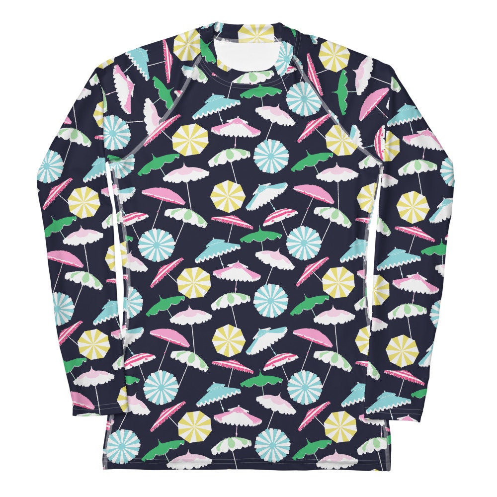 Beach Umbrella Party UPF 50+ rash guard in pink and blue by The Happy Fun Shop, photo 1 of 6