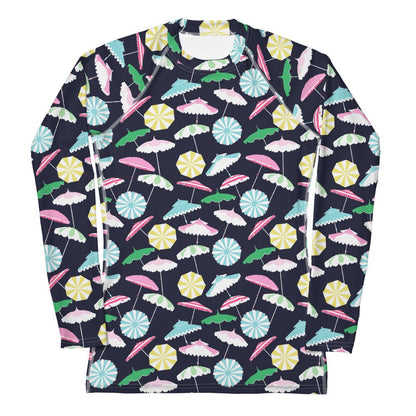 Beach Umbrella Party UPF 50+ rash guard in pink and blue by The Happy Fun Shop, photo 1 of 6