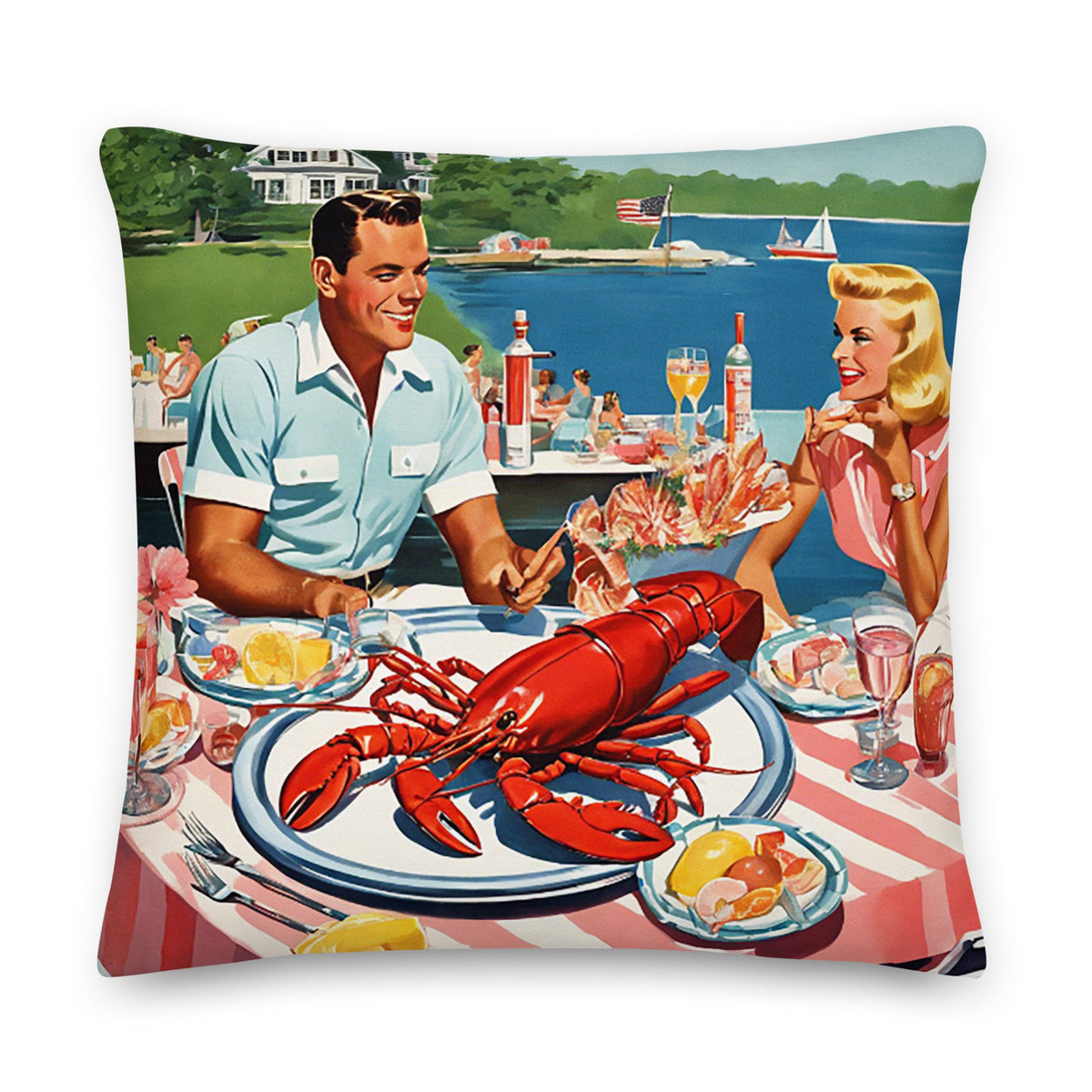 Bar Harbor Lobster Lunch throw pillow in blue and red by The Happy Fun Shop, photo 1 of 2