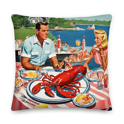 Bar Harbor Lobster Lunch throw pillow in blue and red by The Happy Fun Shop, photo 1 of 2